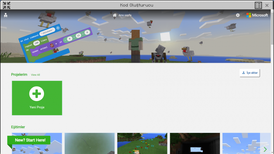 Minecraft Education MakeCode Yeni Proje Oluşturma