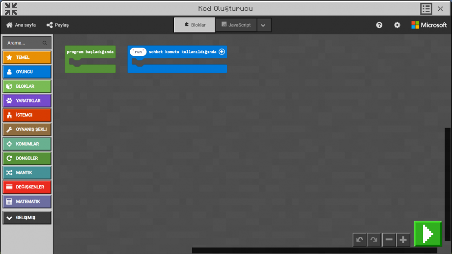 Minecraft Education MakeCode Kodlama Ekranı