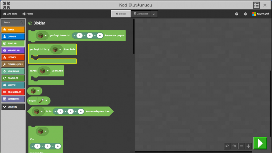 Minecraft Education MakeCode Bloklar Kategorisi