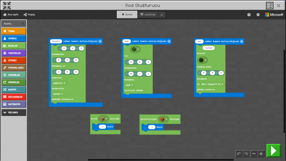 Minecraft Education MakeCode Bloklar Örnek Çalışması